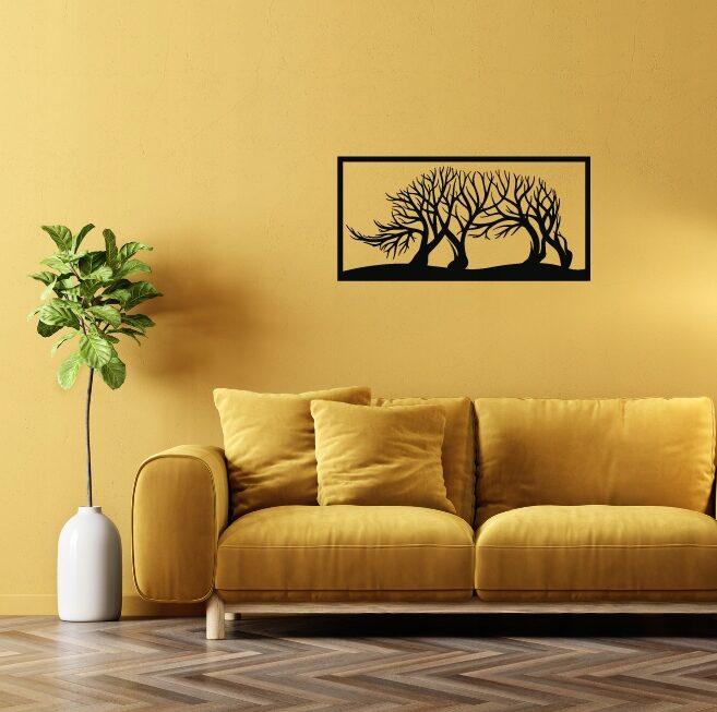 Minimalistyczna ozdoba salonu, obraz 3d, płyta HDF wypalana laserowo, drzewa, którymi powiewa wiatr