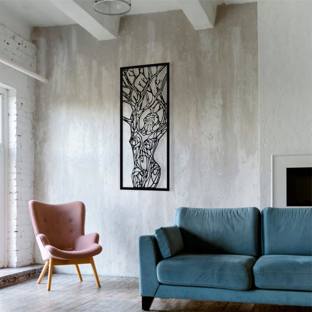 Dekoracja ścienna loft 3D, kobieta której dłonie kończą się gałązkami, minimalistyczna ozdoba na ścianę